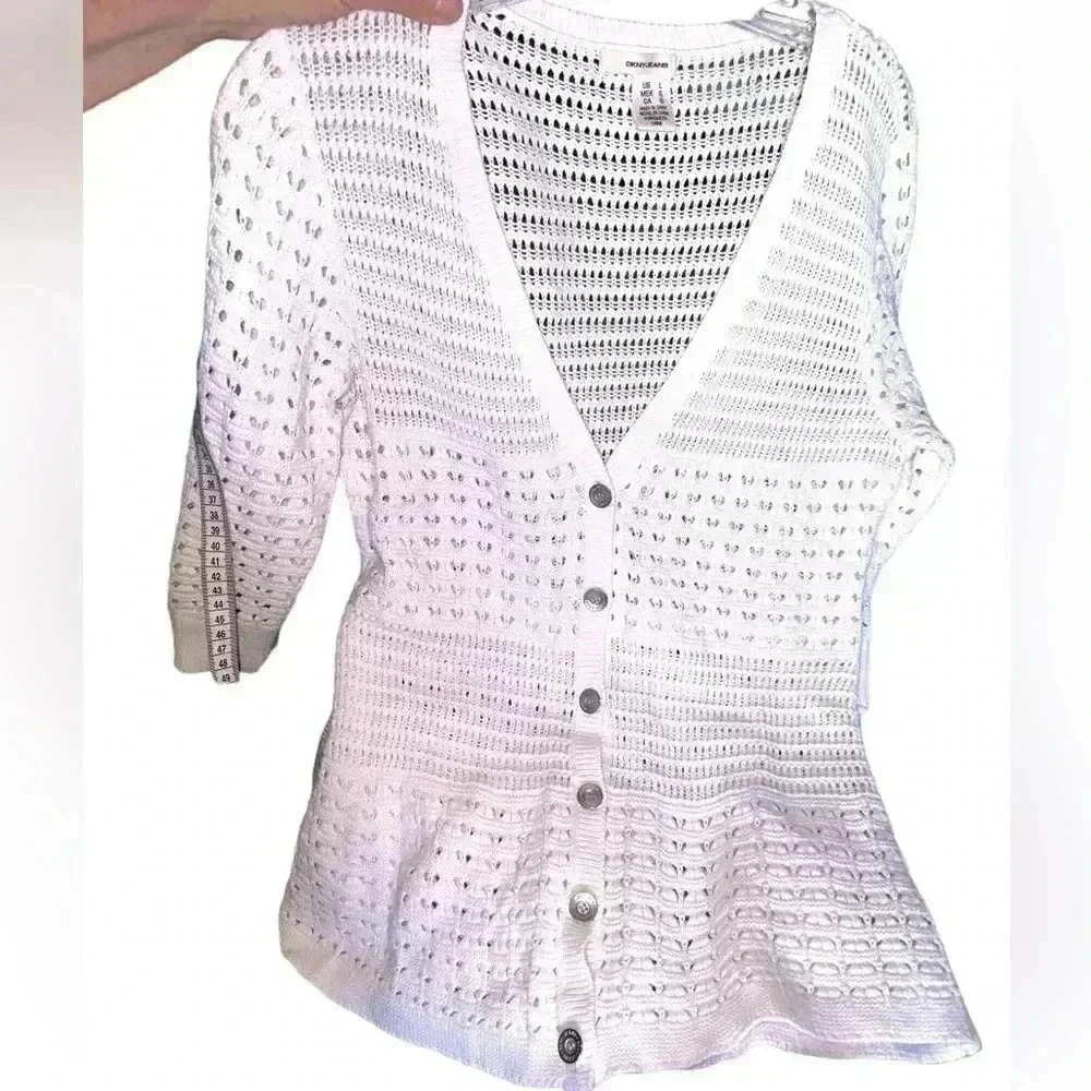 DKNY Jeans size large cream crocheted cardigan. 3/4 sleeve , great day to night
